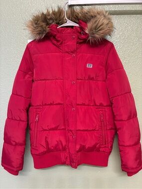 Levi's women Red Puffer Jacket with Faux Fur Hood